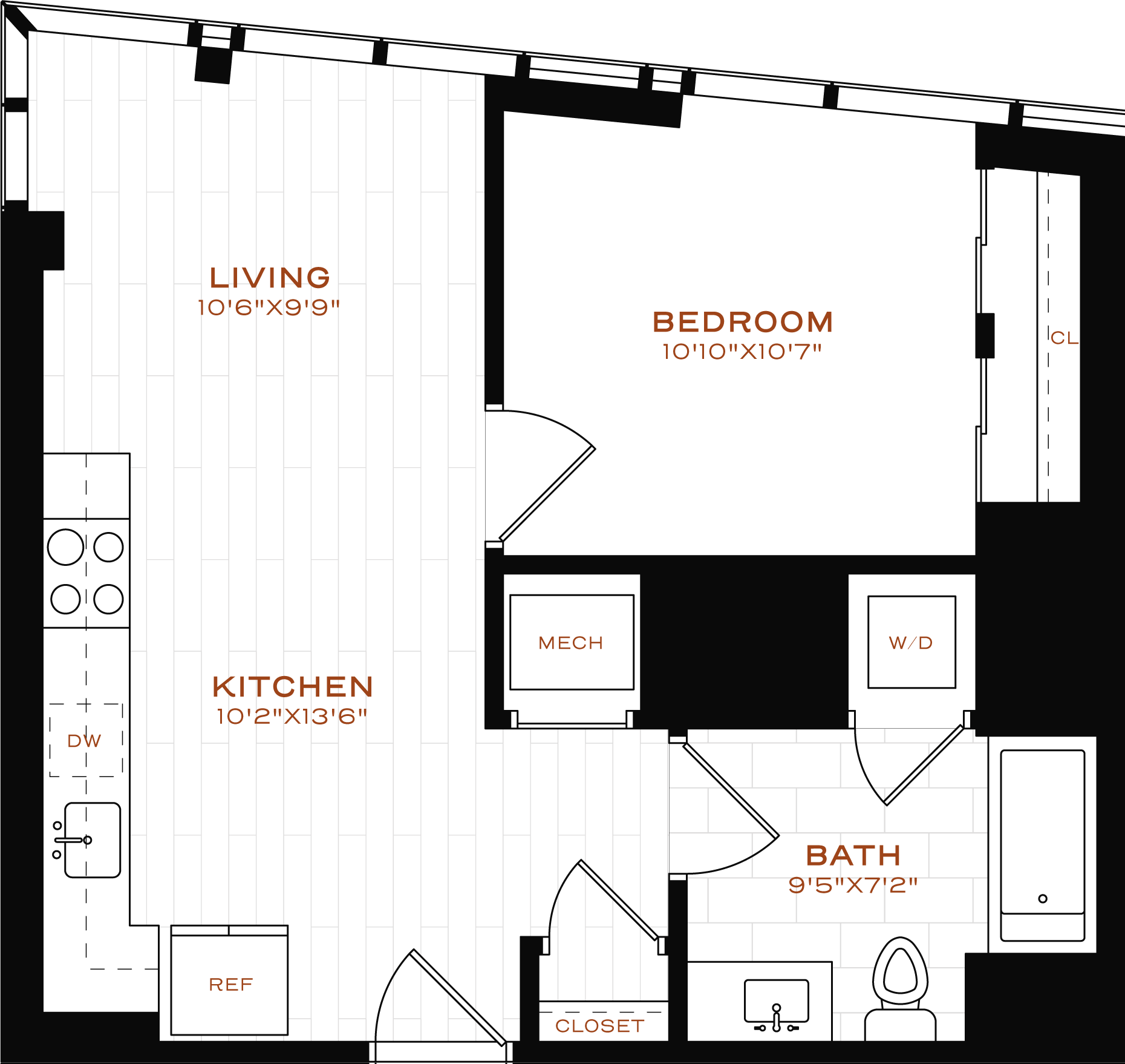 Rendering of the 1 Bed-1 Bath-T-2 Floor Plan